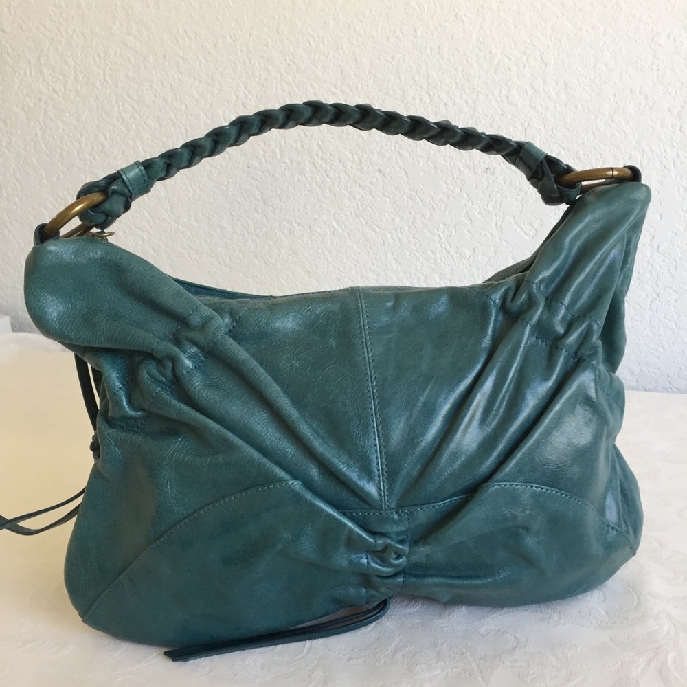 Hobo teal ruched leather bag